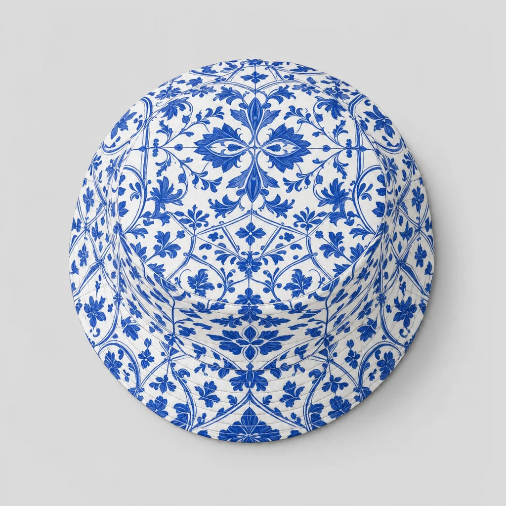 Azulejo Blue Tile Bucket Hat top view