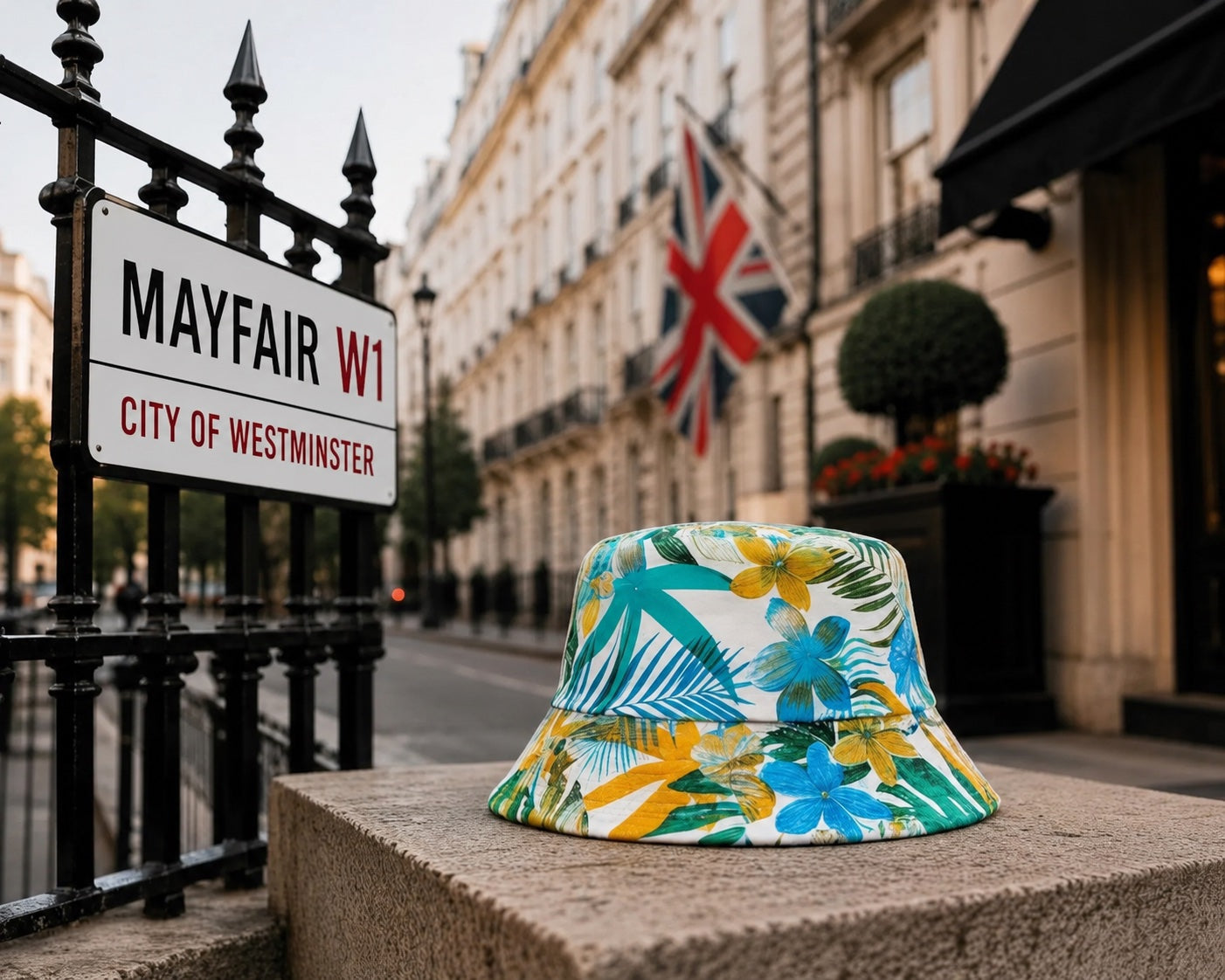 Mayfair Apparel floral bucket hat photographed in Mayfair, London